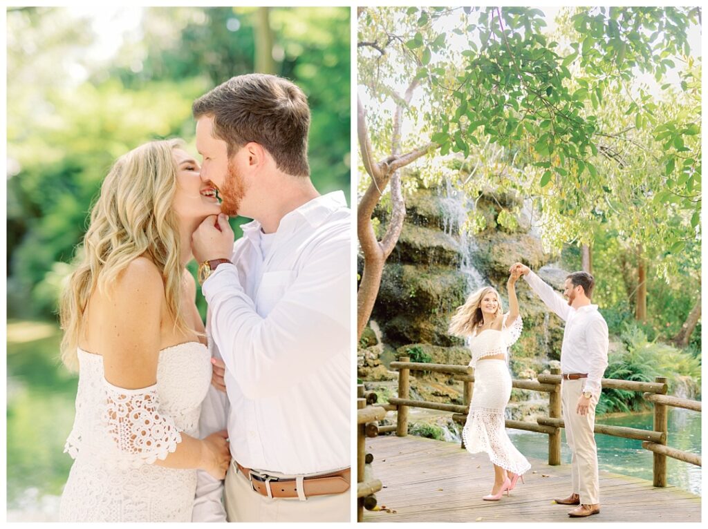 Engagement photos at barn 305 in Miami, Florida. Couple laughing as they kiss. Beautiful lady twirling as her man looks on smiling.