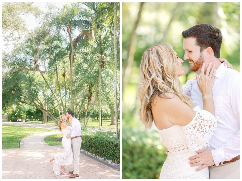 Engagement portraits at Barn 305 in Miami, Florida. Couple smiles into each other's eyes and kiss romantically. 