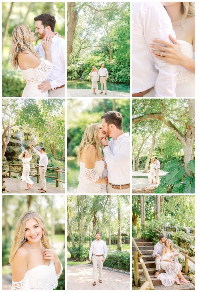 Collage of engagement portraits taken at barn 305in Miami, Florida. Romantic couple's details and beautiful venue of their dream wedding.