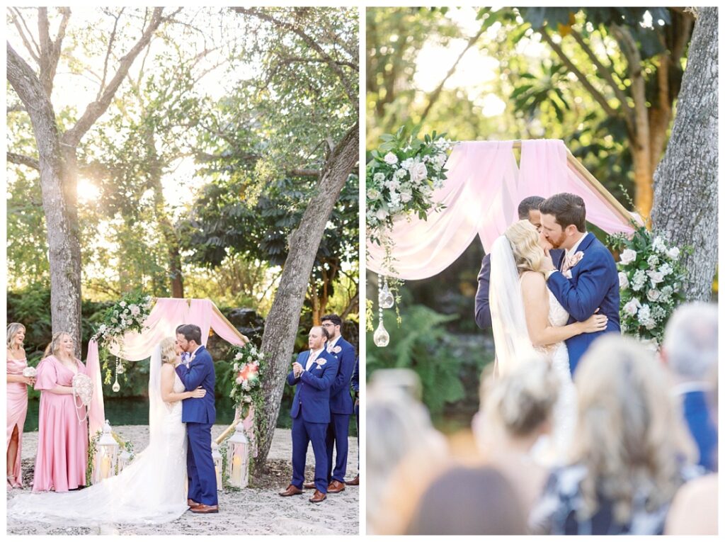 Bride & Groom kissing at the altar. Lead photographer & Second photographer's different perspectives. 