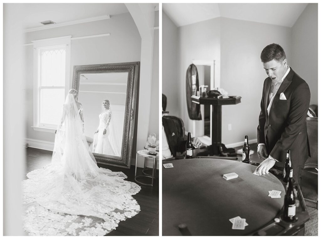 Bridal portrait in mirror, getting ready. Groom smoking cigar and playing cards, getting ready. 