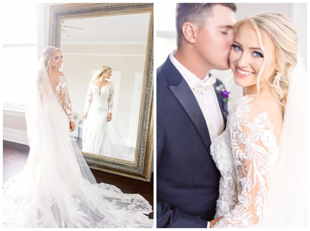 A stunning bride looks from behind a glass mirror; close up of bride and groom embracing, confident & happy.