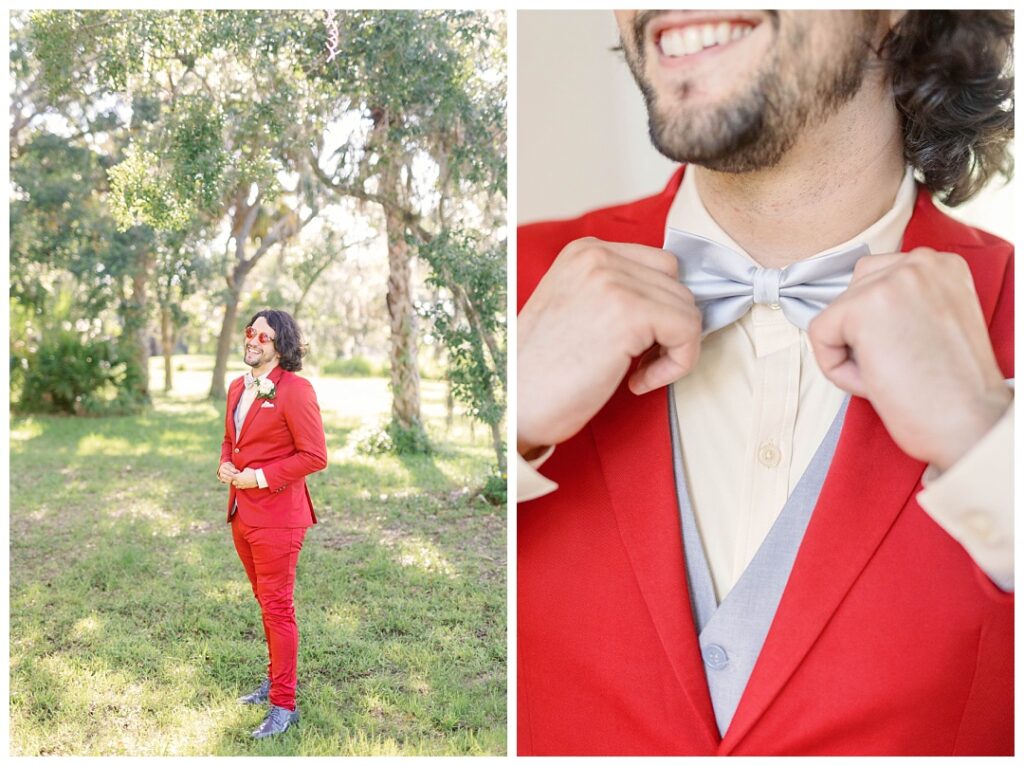 Groom poses in bright red suit