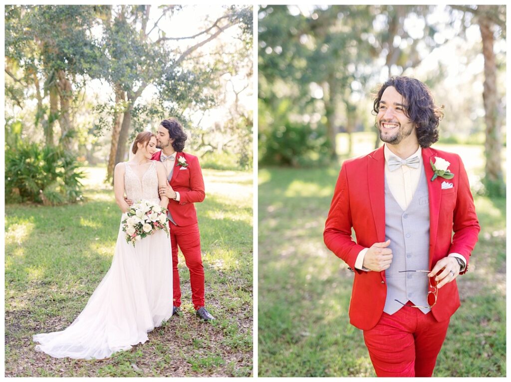 Bride and groom portraits in a bright red suit and luminous greenery