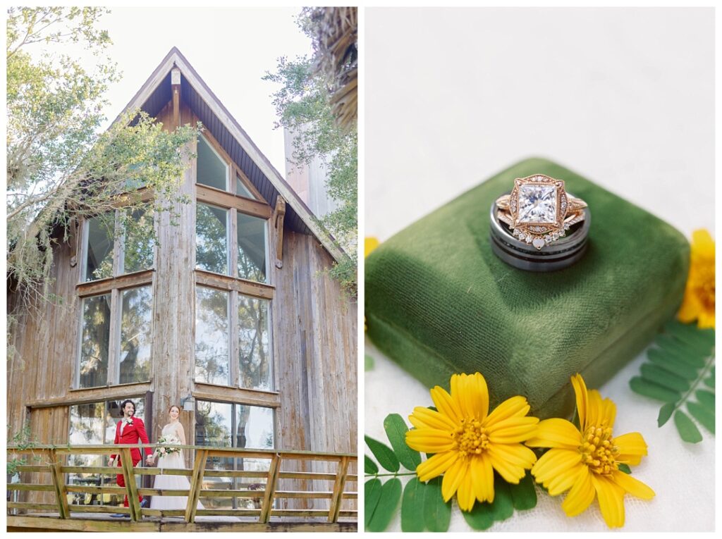 Detail ring photo collaged with beautiful wedding portrait in front of Airbnb in Bradenton