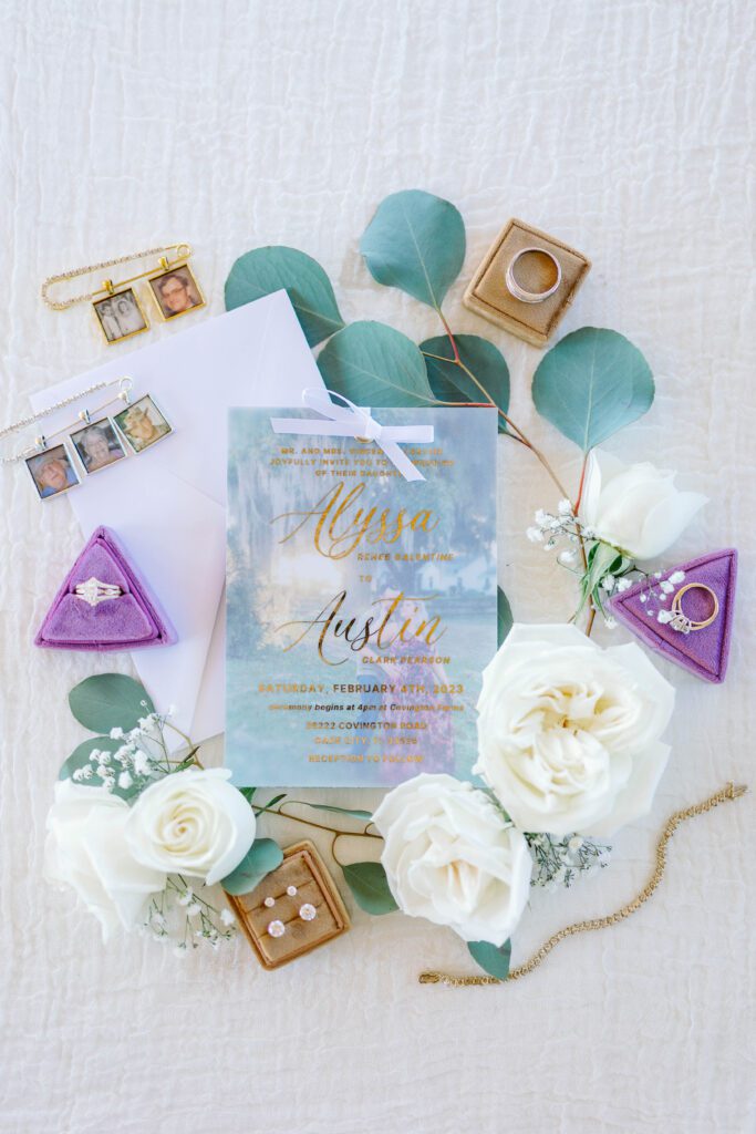 Wedding invitation showcasing engagement photo and heirloom mementos