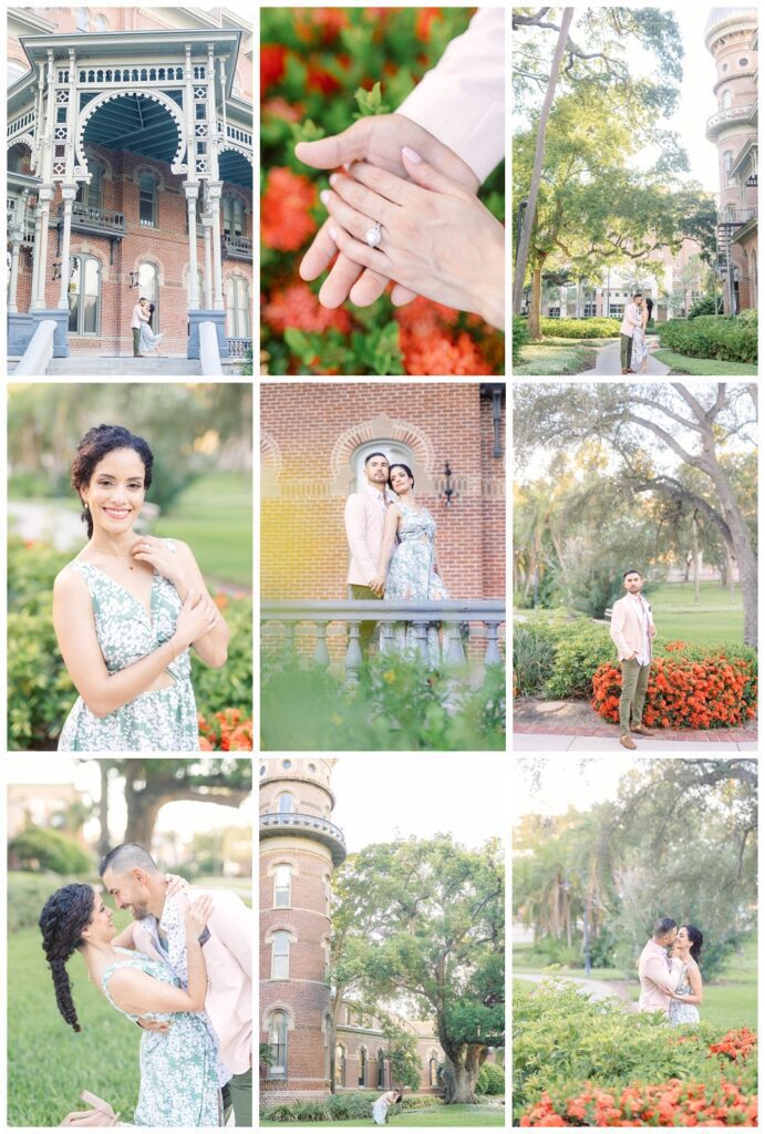 Collage of the beautiful details of an engagement at the University of Tampa