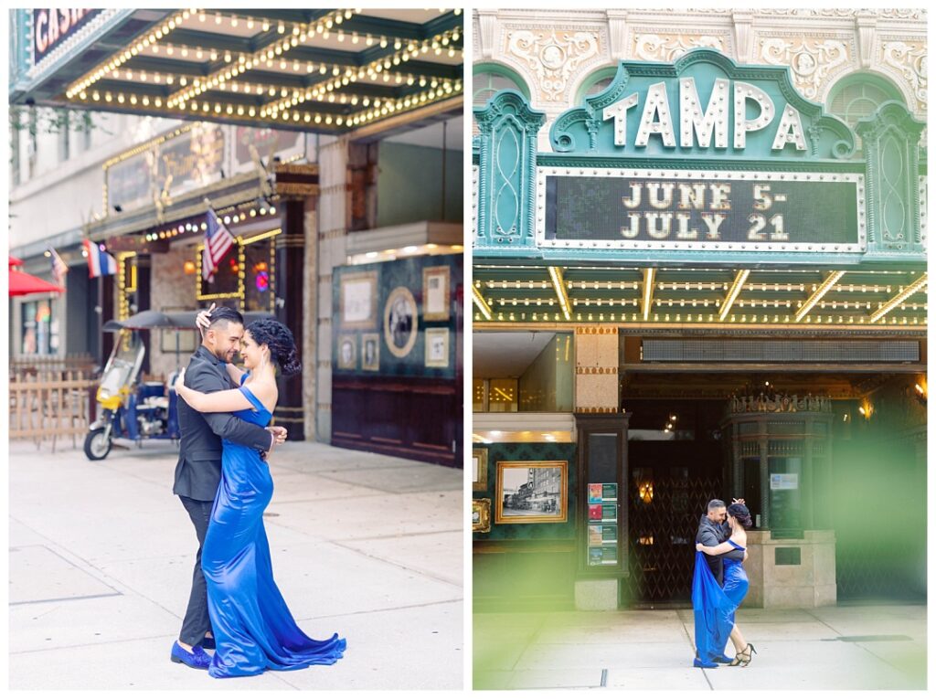 A couple dances the salsa  in front of the Tampa Theater