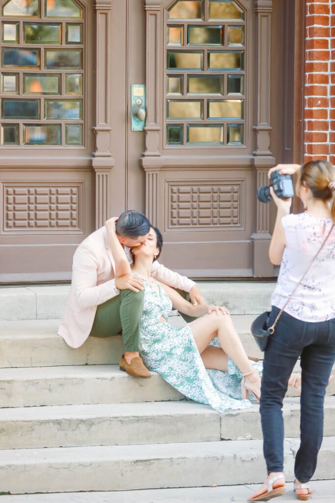 Behind the Scenes with photographer Sharon as she directs couple through a romantic engagement session