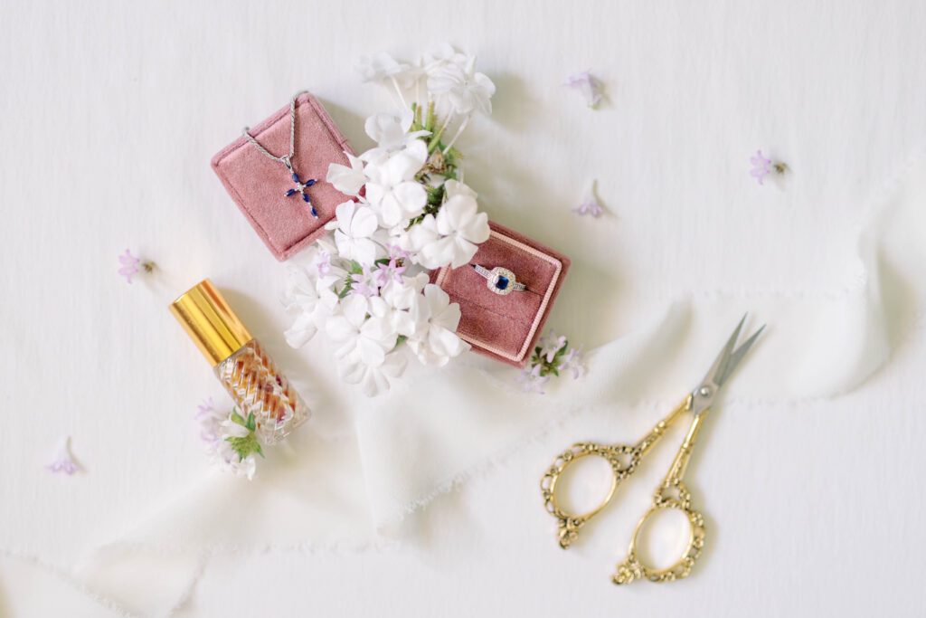 Cut wedding costs by using Sentimental heirlooms! View this sweet wedding flatlay of heirlooms!