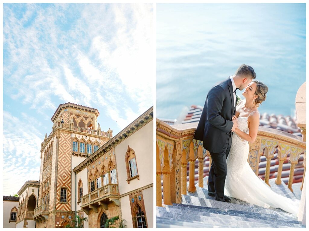 Ca'd'Zan in all it's glory, boasting of blue skies and waterfront views for this couples wedding portraits. 