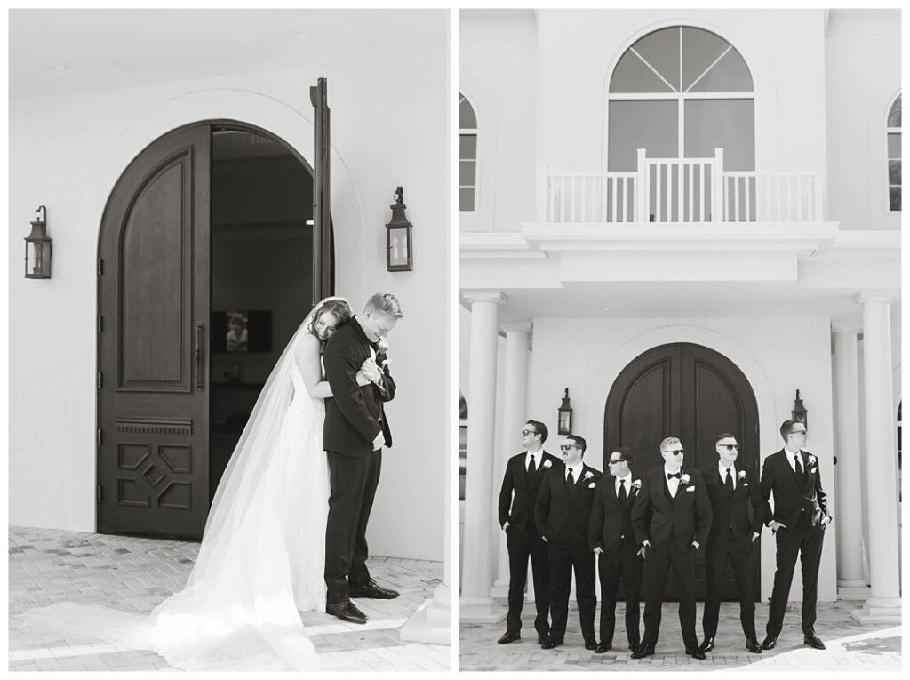 First Look and Groomsmen portraits at the wedding venue, Harborside Chapel