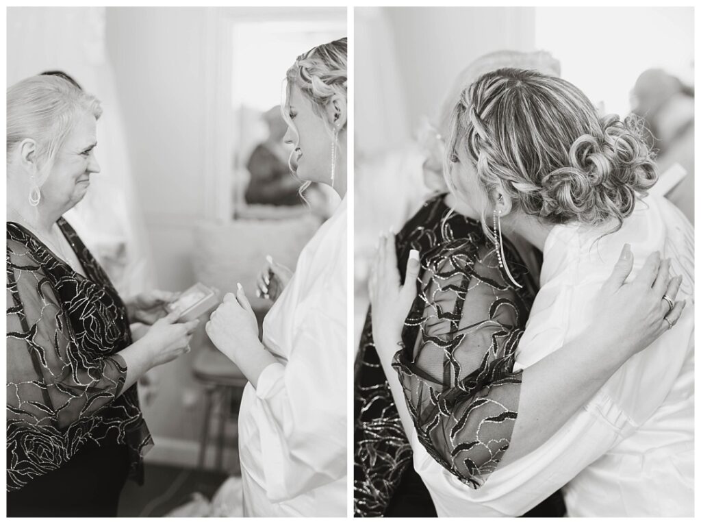 Bride gives mother gift on wedding day. 