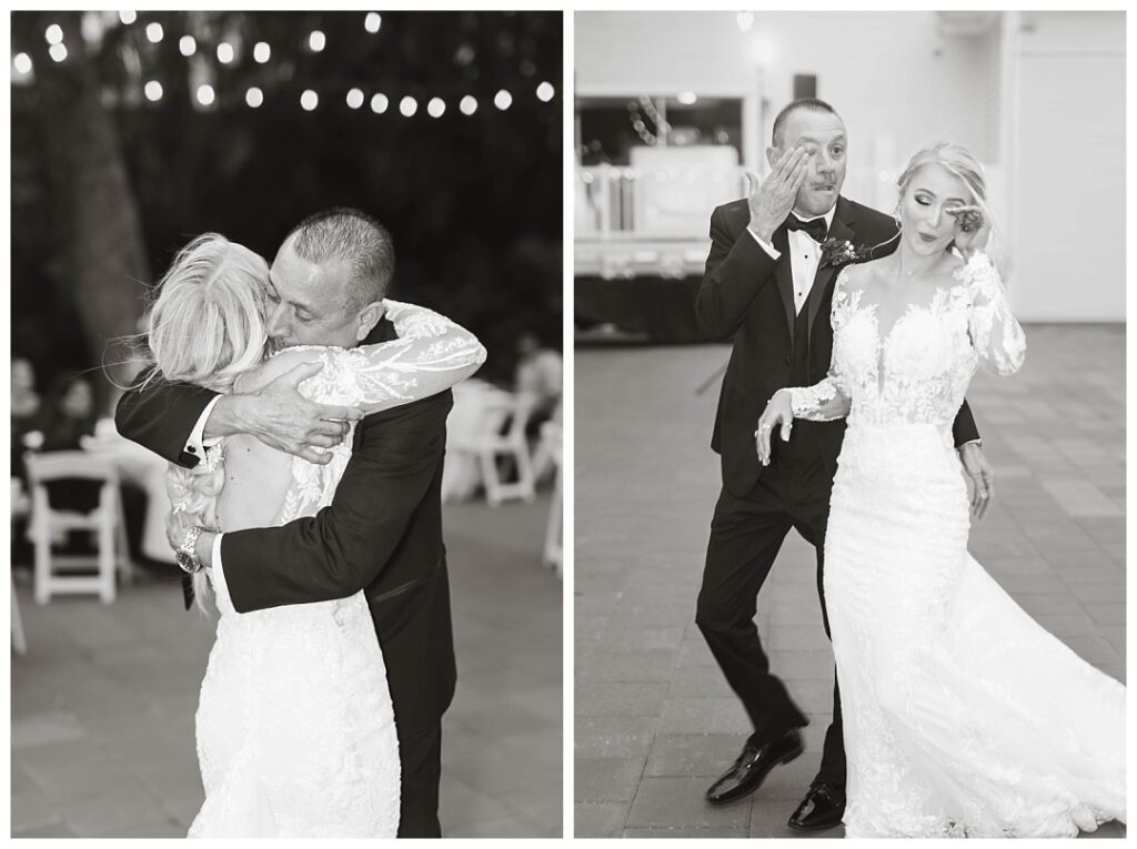 Bride & Father shed tears together during father/daughter dance. 